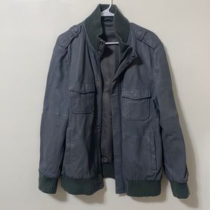 French Connection Leather Bomber Jacket - Gray Blue Leather